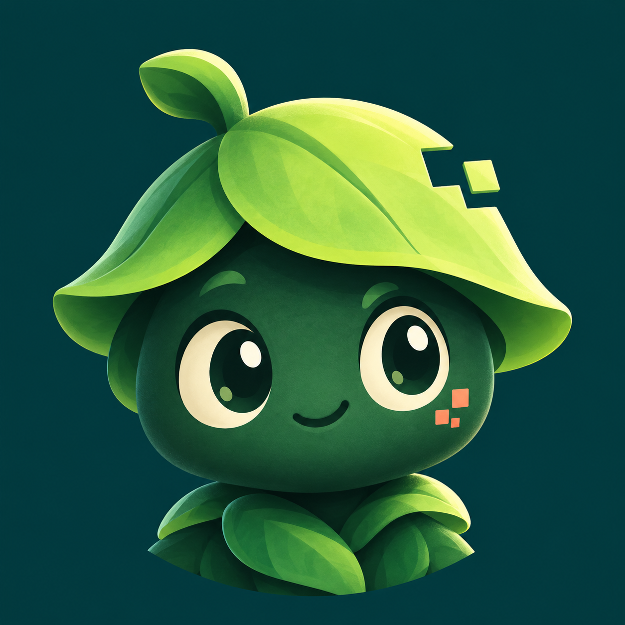 Green MossByte mascot portrait with large eyes and a leaf cap
