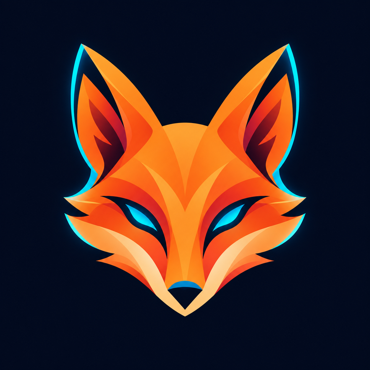 Geometric orange fox-head symbol with cyan accents on a dark navy background