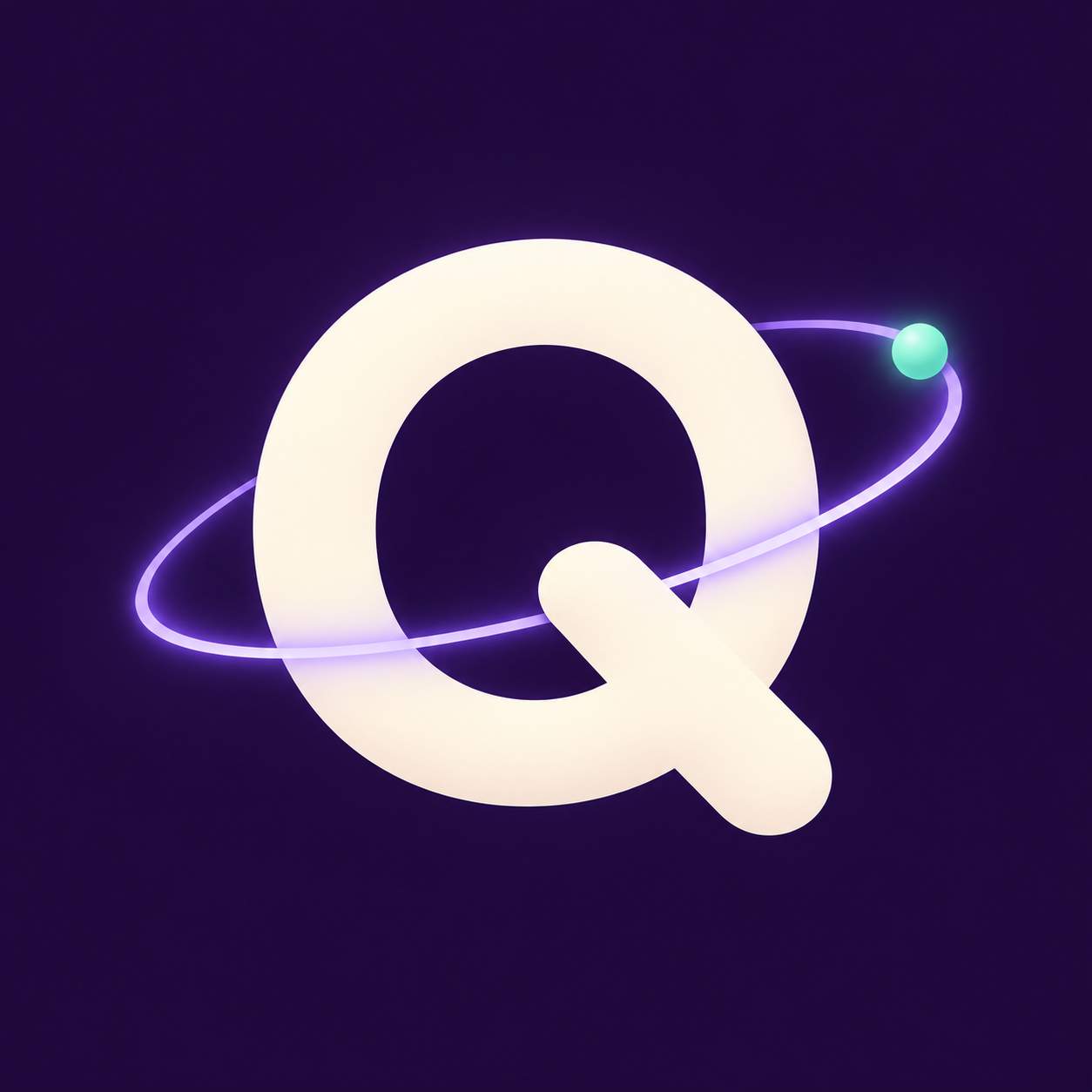 Cream Q monogram with a lavender orbit and mint planet on a dark violet background